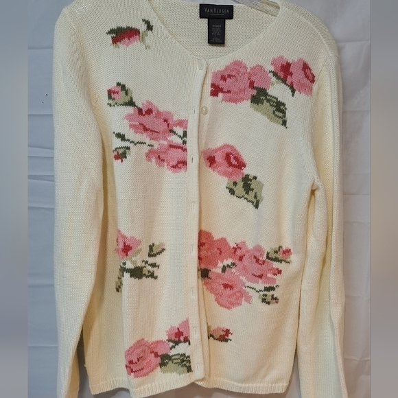80s 90s RARE Floral Print Hand Knit Crewneck Cardigan Sweater Large  Cottagecore - Picture 1 of 16